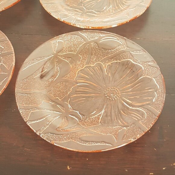 4pc Pink Glass Plates Floral Hibiscus Dessert Plates - Picture 8 of 9